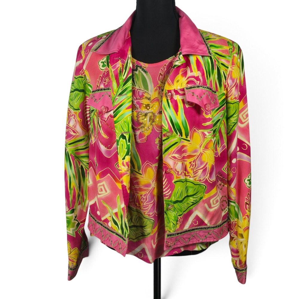 VTG Patchington Jacket Tank Set Women Medium Silk Tropical Pink Beaded Sequin